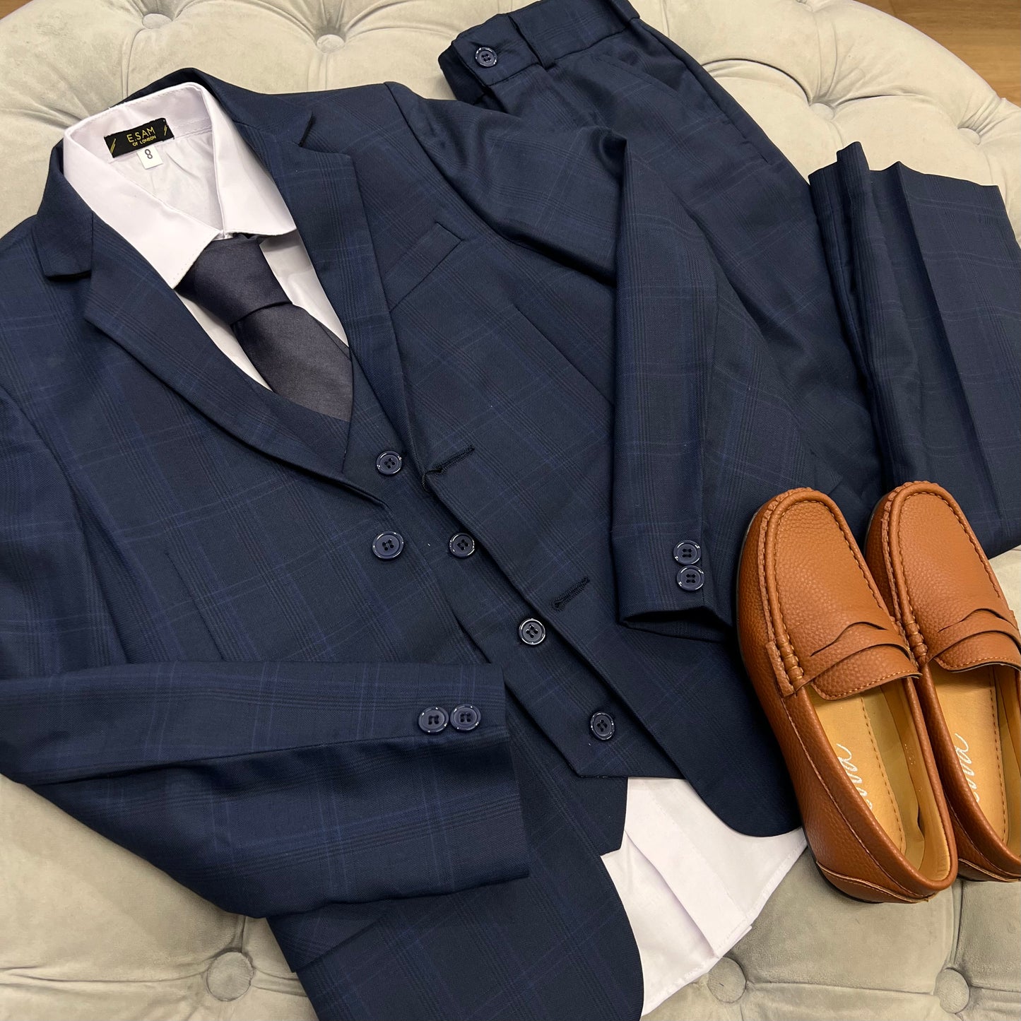 Boys Navy Check 5 Piece Occasion Suit