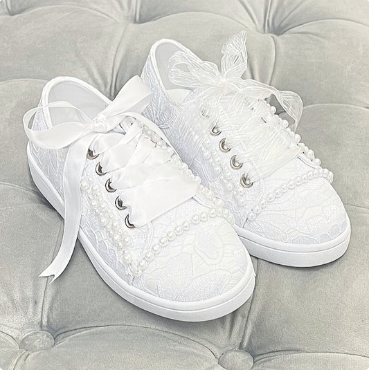 Tiana White Low Top Lace Pearl Trainers